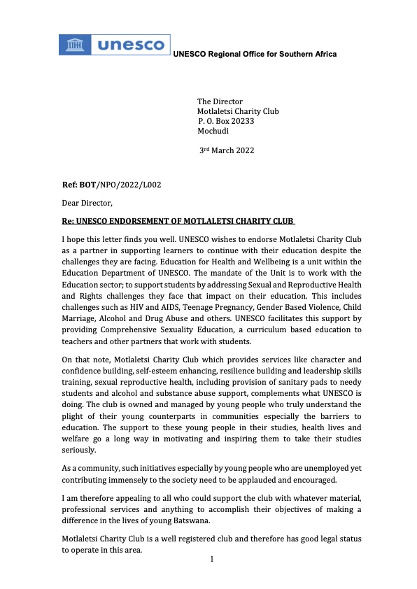 Endorsement Letter to Motlaletsi Charity Club 4
